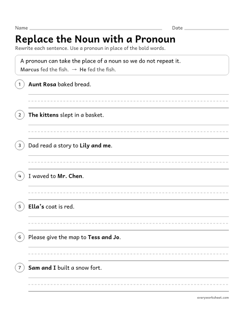 Preview of the printable “Replace the noun with a pronoun” worksheet: replacing nouns with subject, object, and possessive pronouns