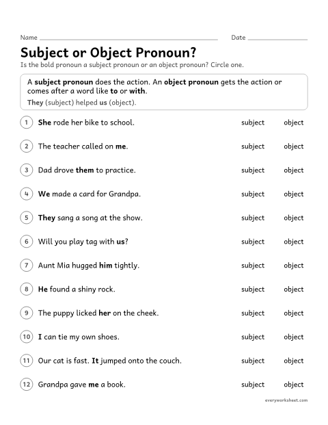 Preview of the printable “Subject or object Pronoun?” worksheet: explaining the job of a pronoun: subject or object