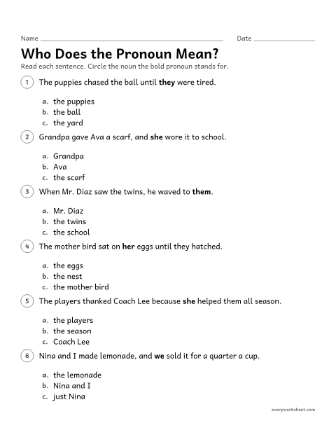 Preview of the printable “Who does the pronoun Mean?” worksheet: finding the antecedent of a pronoun