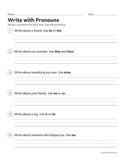 Preview of the printable “Write with pronouns” worksheet: writing sentences with subject, object, and possessive pronouns