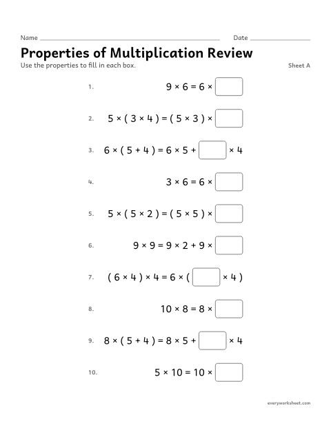 Preview of the printable “Properties of multiplication Review, sheet A” worksheet: applying the properties of multiplication