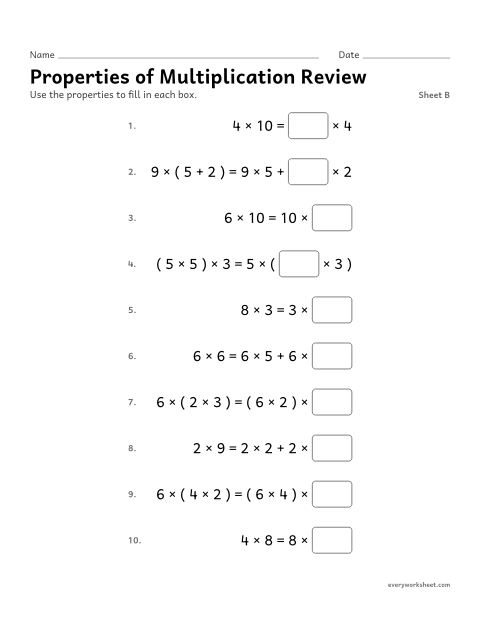 Preview of the printable “Properties of multiplication Review, sheet B” worksheet: applying the properties of multiplication