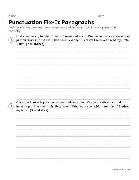 Preview of the printable “Punctuation Fix-It paragraphs” worksheet: editing a paragraph for commas, quotation marks, and end marks