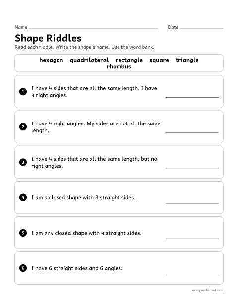 Preview of the printable “Shape riddles” worksheet: using sides and right angles to name squares, rectangles, rhombuses and other polygons
