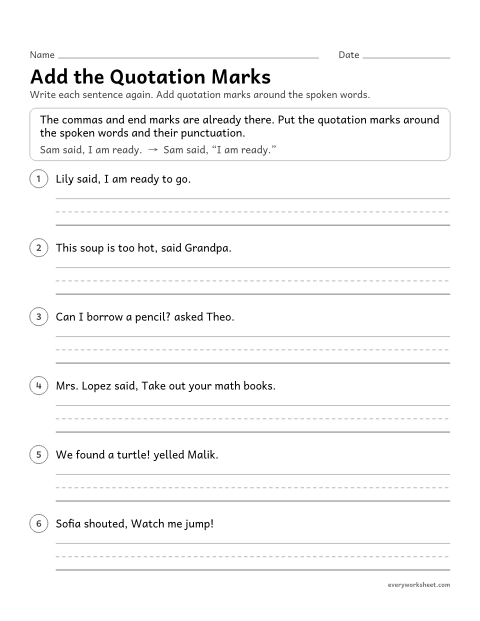 Preview of the printable “Add the quotation marks” worksheet: adding quotation marks around a speaker's exact words