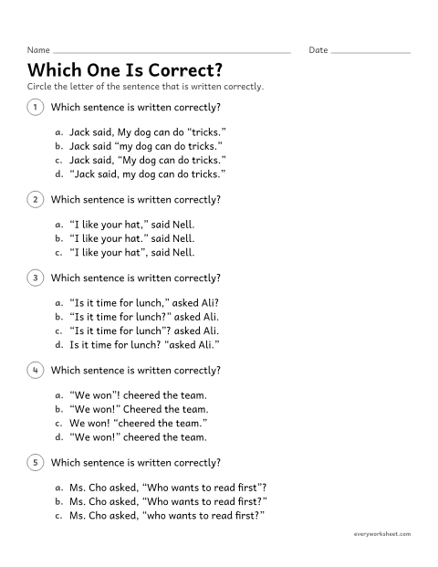 Preview of the printable “Which one is Correct?” worksheet: choosing correctly punctuated dialogue