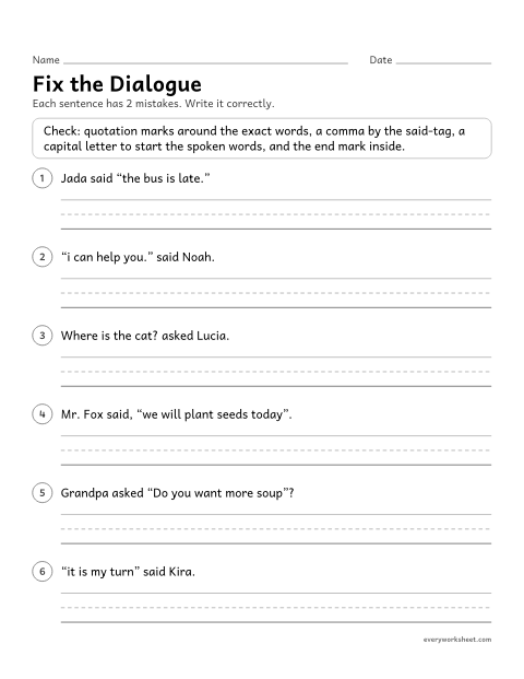 Preview of the printable “Fix the dialogue” worksheet: correcting quotation marks, commas, capitals, and end marks in dialogue