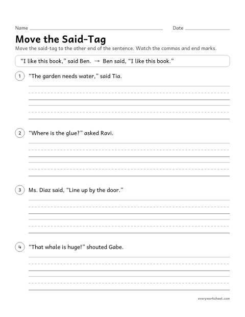 Preview of the printable “Move the Said-Tag” worksheet: writing dialogue with the said-tag before or after the spoken words