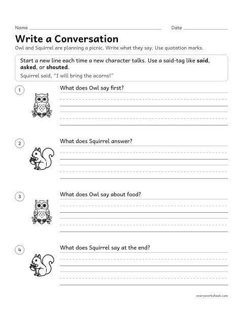 Preview of the printable “Write a conversation” worksheet: writing a short conversation with quotation marks and said-tags