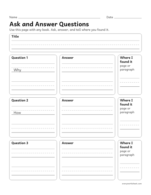 Preview of the printable “Ask and answer questions” worksheet: asking and answering questions about any book and showing where the answer is in the text