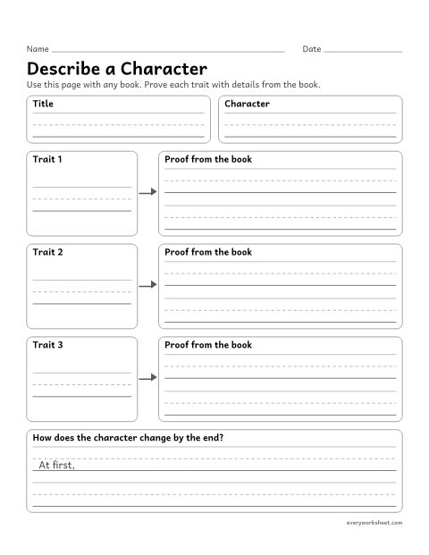 Preview of the printable “Describe a character” worksheet: describing a character in any book with traits and evidence from the text