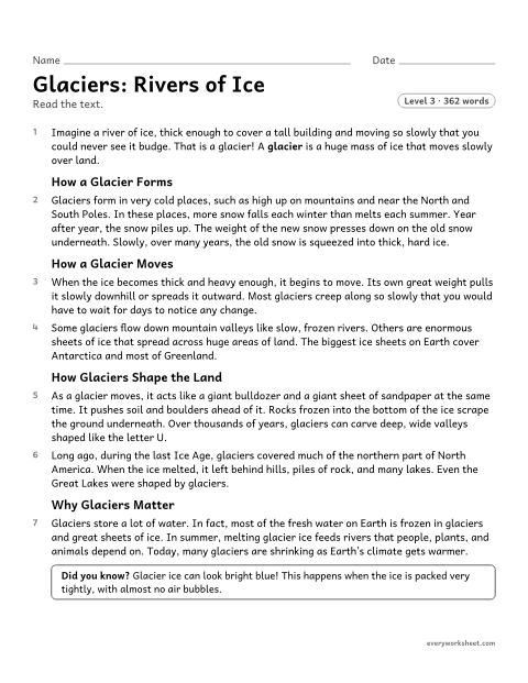 Preview of the printable “Glaciers: rivers of ice” worksheet: using headings and a fact box to find information in a science text
