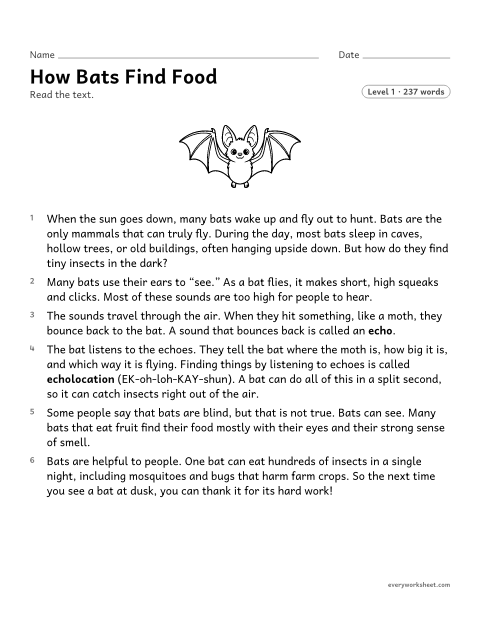Preview of the printable “How bats find food” worksheet: asking and answering questions about a science text, using details from the text