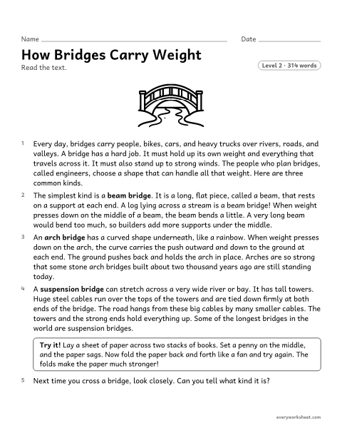 Preview of the printable “How bridges carry weight” worksheet: comparing ideas across paragraphs in a text about three kinds of bridges