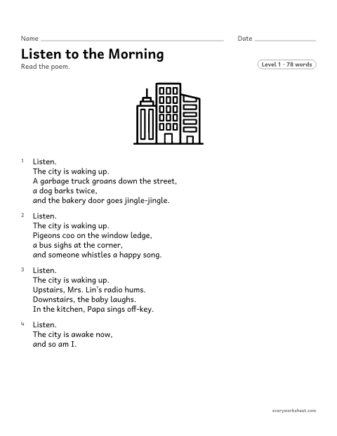 Preview of the printable “Listen to the morning” worksheet: describing how stanzas and a repeated line build a poem
