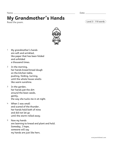 Preview of the printable “My Grandmother's hands” worksheet: finding the message of a free verse poem and the speaker's feelings