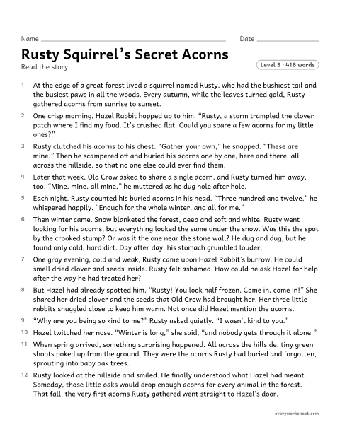 Preview of the printable “Rusty Squirrel's secret acorns” worksheet: finding the central message of a fable and how key details show it
