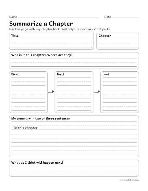 Preview of the printable “Summarize a chapter” worksheet: summarizing a chapter of any book with its most important events