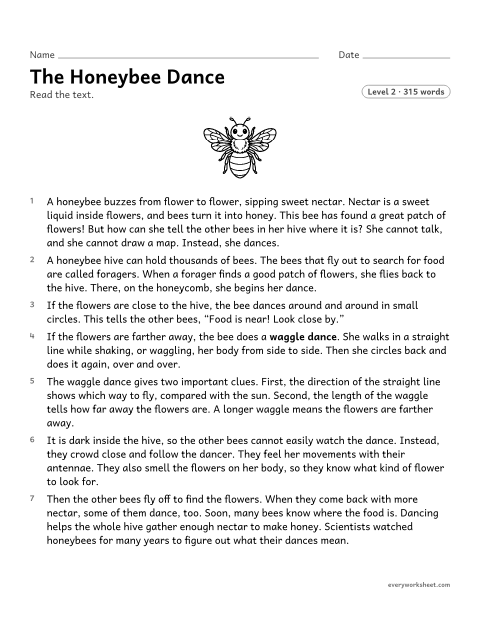 Preview of the printable “The honeybee dance” worksheet: finding the main idea of a science text and the key details that support it