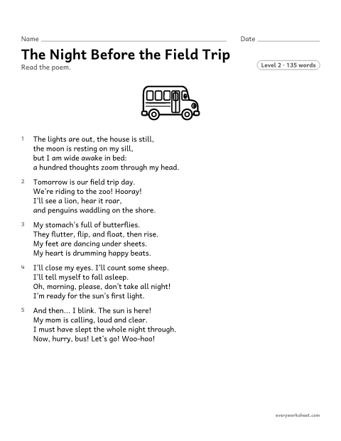 Preview of the printable “The night before the field trip” worksheet: telling literal from nonliteral language in a rhyming poem