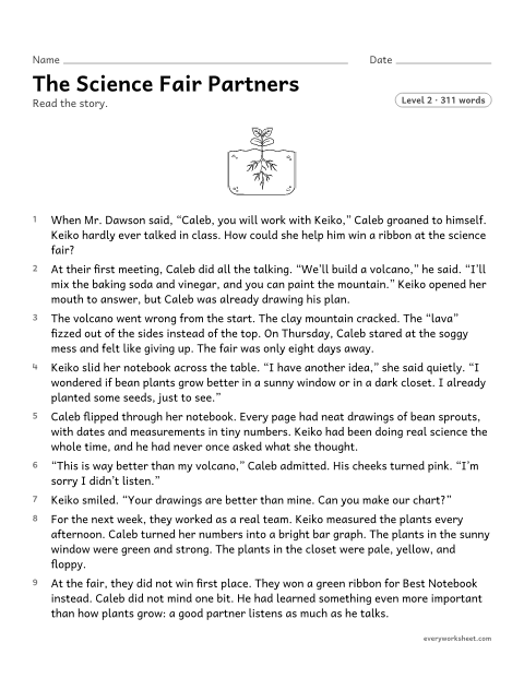 Preview of the printable “The science fair partners” worksheet: describing how a character changes and how his actions affect the story