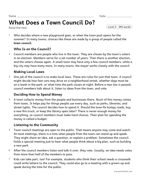 Preview of the printable “What does a town council Do?” worksheet: finding the main idea of a social studies text and of each section