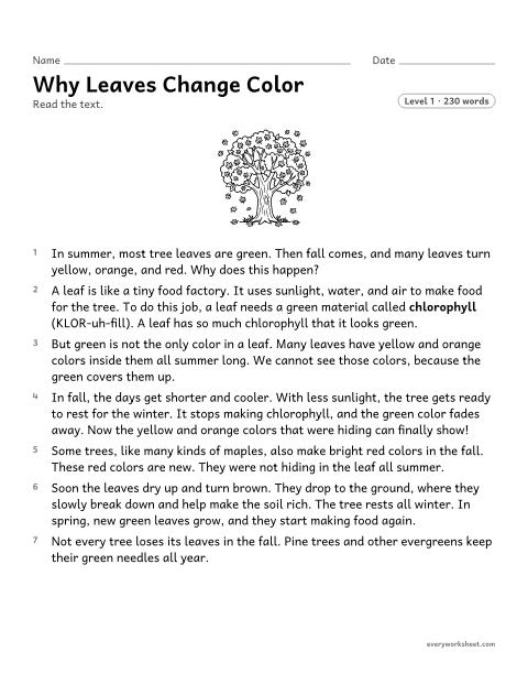 Preview of the printable “Why leaves change color” worksheet: explaining causes and effects and the order of steps in a science text
