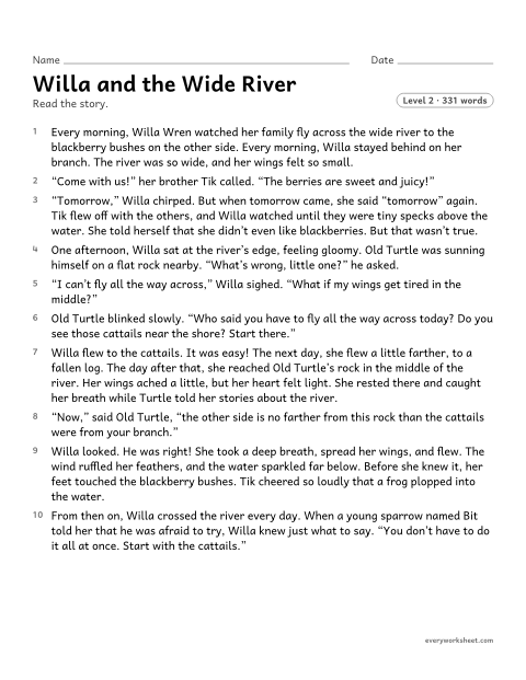 Preview of the printable “Willa and the wide river” worksheet: finding the lesson of an animal tale and how the details show it