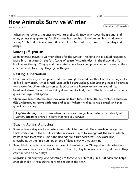 Preview of the printable “How animals survive winter” worksheet: finding the main idea of a science text and the details that support it