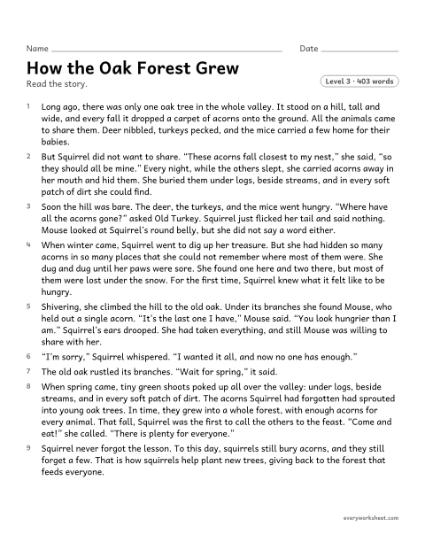Preview of the printable “How the oak forest grew” worksheet: determining the central message of an original pourquoi tale and how key details convey it