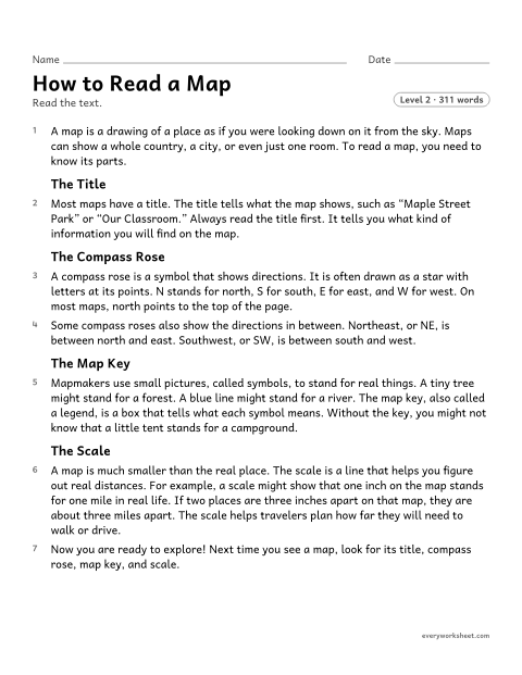 Preview of the printable “How to read a map” worksheet: learning the meanings of map words: compass rose, map key, and scale