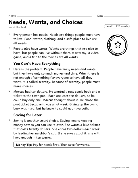 Preview of the printable “Needs, Wants, and choices” worksheet: finding the main idea and key details in a text about needs, wants, and saving