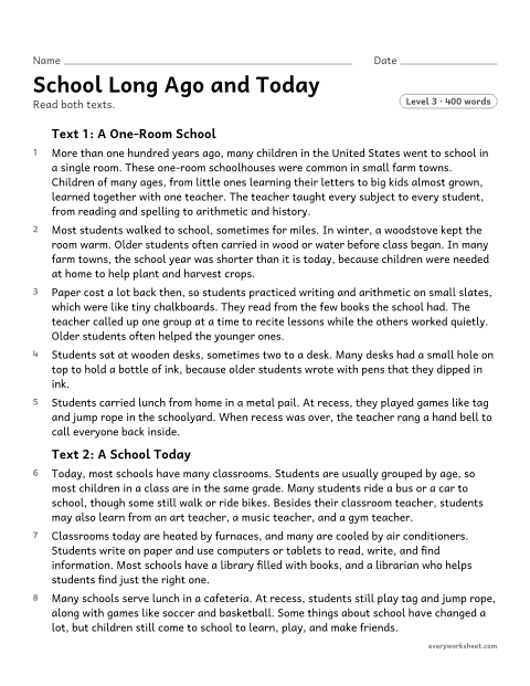 Preview of the printable “School long ago and today” worksheet: comparing the most important points and details of two texts about schools long ago and today