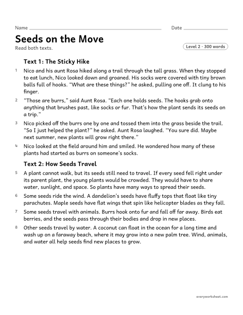 Preview of the printable “Seeds on the move” worksheet: answering questions about a story and a nonfiction text on the same topic, using details from both