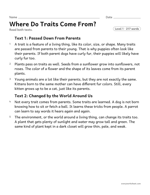 Preview of the printable “Where do traits come From?” worksheet: comparing the most important points of two texts about inherited and learned traits