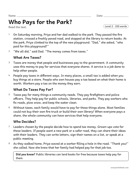 Preview of the printable “Who pays for the Park?” worksheet: explaining the cause-and-effect links between paragraphs in a text about taxes and community services