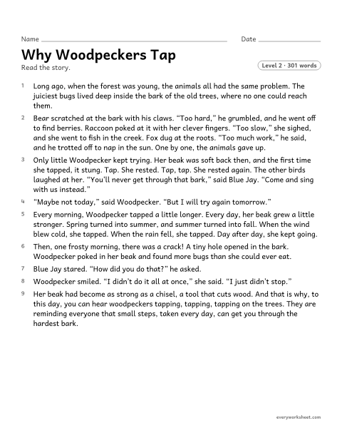 Preview of the printable “Why woodpeckers tap” worksheet: describing how a character's traits and actions lead to the events and ending of a tale