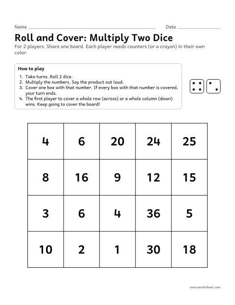 Preview of the printable “Roll and Cover: multiply two dice” worksheet: multiplying the numbers on two dice and covering the product on a game board