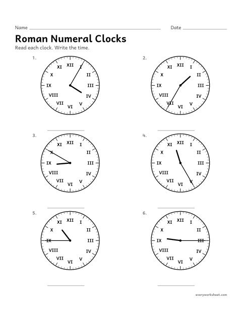 Preview of the printable “Roman numeral clocks” worksheet: telling time to five minutes on clocks with Roman numerals