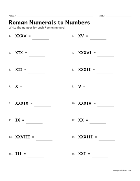 Preview of the printable “Roman numerals to numbers” worksheet: writing the number for Roman numerals from I to XXXIX