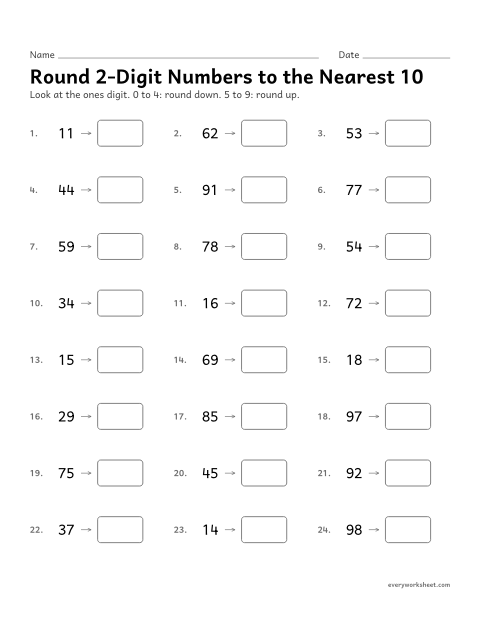 Preview of the printable “Round 2-Digit numbers to the nearest 10” worksheet: rounding two-digit numbers to the nearest 10
