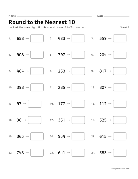 Preview of the printable “Round to the nearest 10, sheet A” worksheet: rounding to the nearest 10