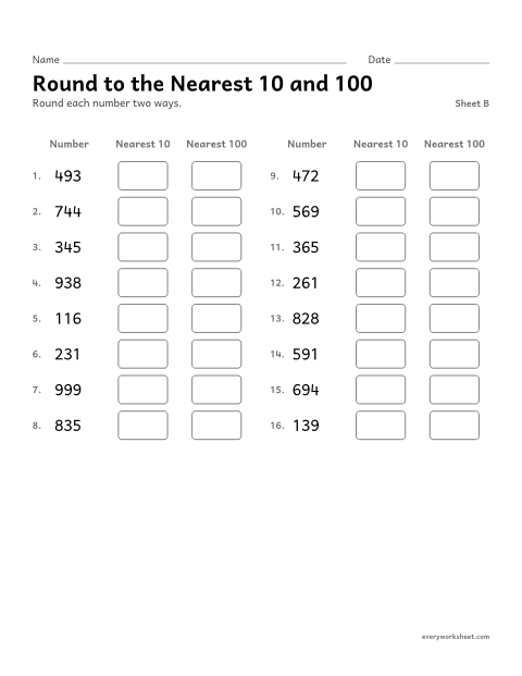 Preview of the printable “Round to the nearest 10 and 100, sheet B” worksheet: rounding the same number to the nearest 10 and 100