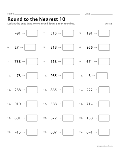 Preview of the printable “Round to the nearest 10, sheet B” worksheet: rounding to the nearest 10