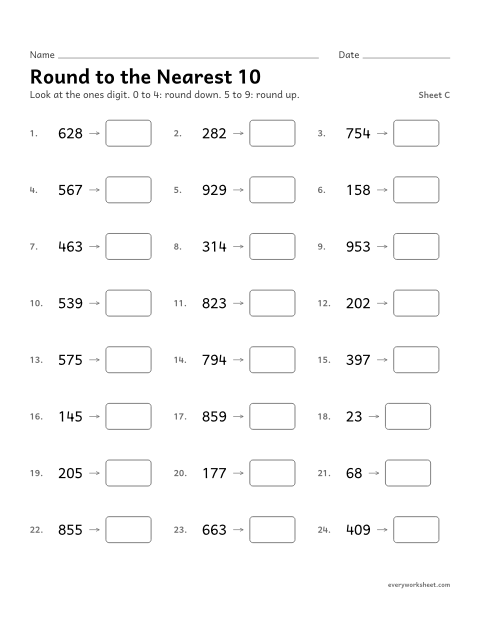 Preview of the printable “Round to the nearest 10, sheet C” worksheet: rounding to the nearest 10