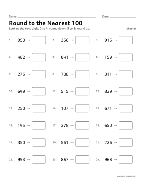 Preview of the printable “Round to the nearest 100, sheet B” worksheet: rounding to the nearest 100