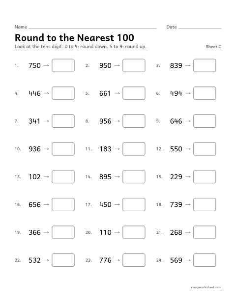 Preview of the printable “Round to the nearest 100, sheet C” worksheet: rounding to the nearest 100