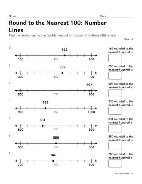 Preview of the printable “Round to the nearest 100: number Lines, sheet A” worksheet: rounding to the nearest 100 on a number line