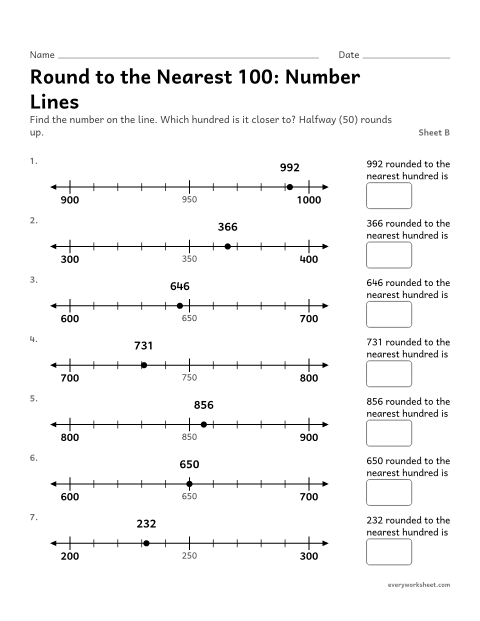 Preview of the printable “Round to the nearest 100: number Lines, sheet B” worksheet: rounding to the nearest 100 on a number line