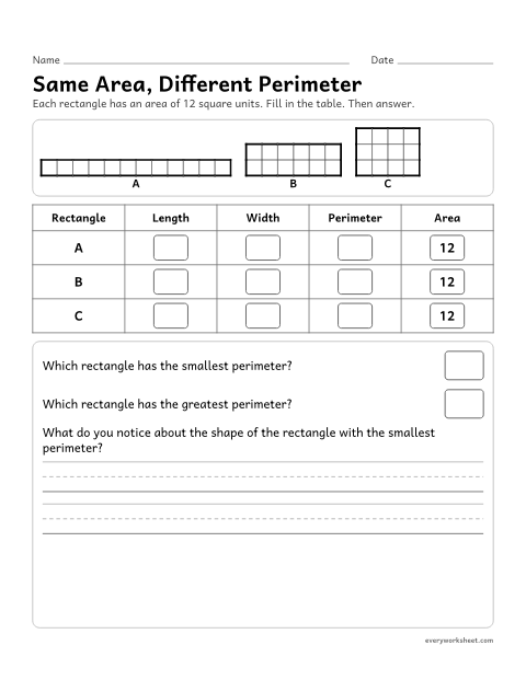 Preview of the printable “Same Area, different perimeter” worksheet: finding that rectangles with the same area can have different perimeters